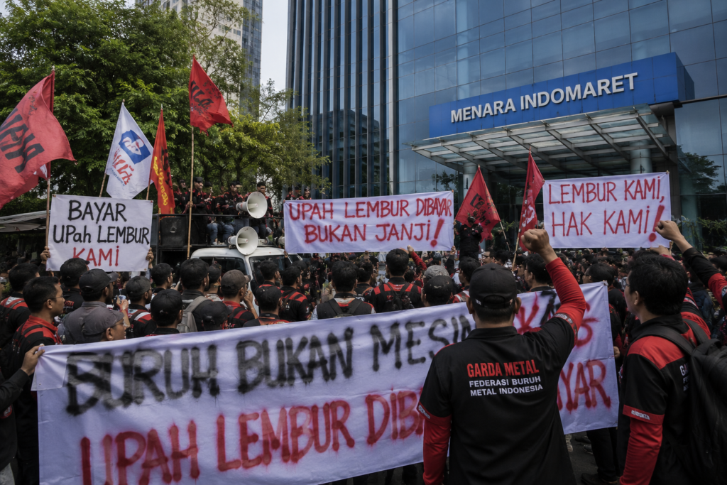 Buruh Demo Menara Indomaret PIK Tuntut Upah Lembur Dibayar