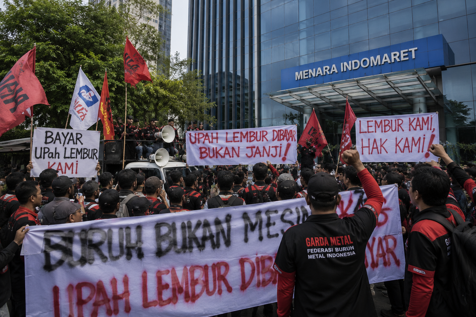Buruh Demo Menara Indomaret PIK Tuntut Upah Lembur Dibayar Ratusan